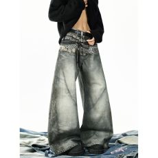 美式重工腰带印花牛仔裤男女高街痞帅宽松廓形设计感情侣弯刀裤子