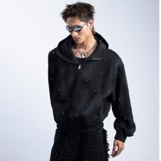 美式高街复古扎染珍珠点缀喷绘连帽卫衣男女休闲百搭宽松开衫上衣