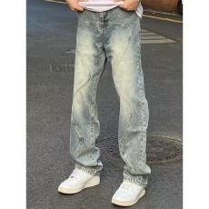 做旧水洗牛仔裤男女新款设计感小众直筒长裤情侣宽松显瘦阔腿裤子