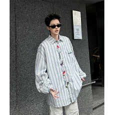 批发情侣文艺感刺绣个性美式复古条纹长袖<b class='q'>衬衫</b><b class='q'>男</b>女春秋季宽松百搭<b class='q'>衬衣</b>