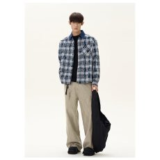 美式复古情侣春秋季新款男日系宽松休闲拼接格纹衬衫山系衬衣外套