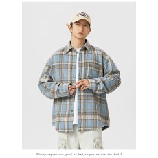 批发日系复古刺绣毛呢格子衬衫男女新款宽松情侣翻领衬衣休闲工装外套