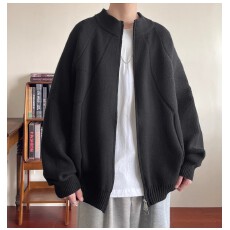 批发重磅慵懒风针织开衫男女美式卫衣复古情侣款毛衣拉链设计宽松外套