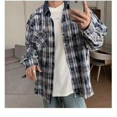 批发灯芯绒领口拼接美式复古做旧长袖衬衫男女款小众休闲百搭情侣衬衣