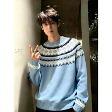 批发学院风费尔岛提花男女款圆领套头针织衫宽松慵懒中性毛衣情侣上衣
