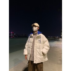 美式冬季宽松中性风休闲男女款港风假两件连帽棉服港风情侣面包服