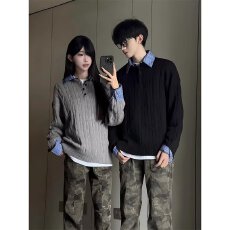 批发假两件开衫毛衣美式复古休闲<b class='q'>情侣</b><b class='q'>ins</b>潮慵懒风V领针织衫男女款<b class='q'>外套</b>