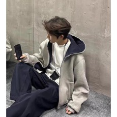双拉链美式复古高级感开衫连帽卫衣男女韩版简约休闲宽松情侣外套