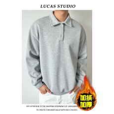 批发美式长袖polo衫<b class='q'>男士</b>加绒加厚翻领t恤潮简约宽松上衣重磅套头卫衣