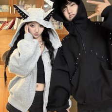 情侣装美式杜宾犬高级感开衫卫衣男女春秋季潮牌铆钉痞帅重磅外套