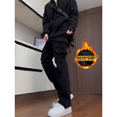 冬季加绒直筒微喇工装裤男女宽松显瘦美式复古cleanfit休闲牛仔裤