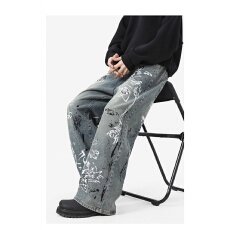 美式高街牛仔裤男女款设计感弯刀直筒裤潮牌痞帅个性涂鸦情侣裤子