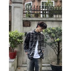 批发美式复古扎染格子休闲<b class='q'>长袖</b><b class='q'>衬衫</b>毛边男女春秋季宽松百搭外套情侣装