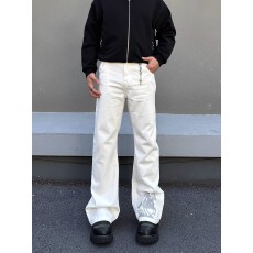 美式复古刺绣白色微喇牛仔裤男女款日系高街情侣直筒修身显瘦裤子