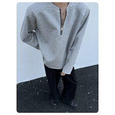 半拉链解构小众设计感花V领垫肩卫衣男女款秋cleanfit重磅长袖T恤