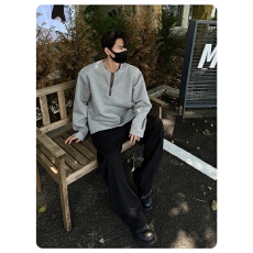 半拉链解构小众设计感花男女垫肩V领卫衣情侣cleanfit重磅长袖T恤