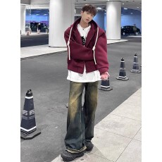 批发美式手工编绳纯色连帽卫衣外套情侣中性风<b class='q'>男</b>女款宽松帽衫连帽开衫