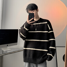韩系慵懒风条纹毛衣男士秋冬季美式潮牌高级感软糯毛绒针织衫外套