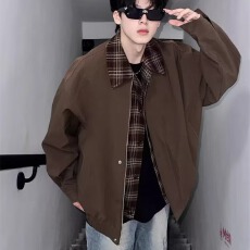 美式复古vintage外套男女春秋穿搭假两件夹克翻领短款棒球服夹克