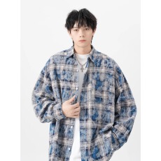 美式复古格子长袖衬衫男春秋潮牌痞帅宽松休闲外套高级感情侣衬衣