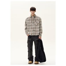 美式复古情侣春秋季男女款日系宽松休闲拼接格纹衬衫山系衬衣外套