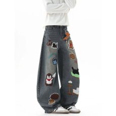 批发美式港风男女个性弯刀牛仔裤情侣<b class='q'>嘻哈</b>带吊坠毛巾绣潮高街痞帅长裤