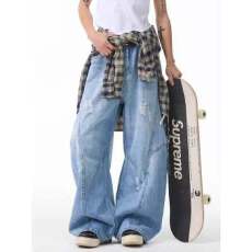 批发美式牛仔裤男女款百搭春<b class='q'>秋</b>复古高街水洗宽松春<b class='q'>秋</b>弯刀破洞牛仔长裤