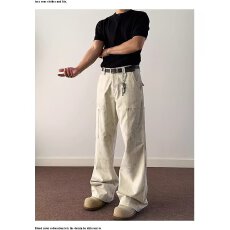 批发港风潮男女款个性美式弯刀牛仔裤<b class='q'>嘻哈</b>ins潮高街潮流痞帅情侣长裤