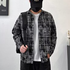 批发美式复古扎染格子休闲长袖<b class='q'>衬衫</b>毛边男女春秋季宽松百搭外套情侣装