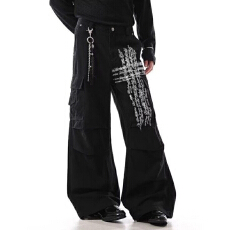 批发美式休闲百搭街头十字架字母印花弯刀牛仔裤男女春<b class='q'>秋</b>情侣休闲长裤