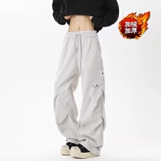 批发美式宽松弯刀休闲裤男女加绒加厚百搭裤秋<b class='q'>冬</b>情侣坠感阔腿拖地长裤