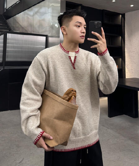 아메리칸 패치워크 색상 V넥 스웨터 남자 여자 일본식 중성 가을 겨울 ins 커플 긴팔 보온 페이크 레이어드 니트 스웨터