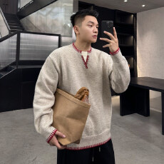 批发美式拼色V领毛衣男女款日系中性秋冬ins情侣长袖保暖假两件针织衫