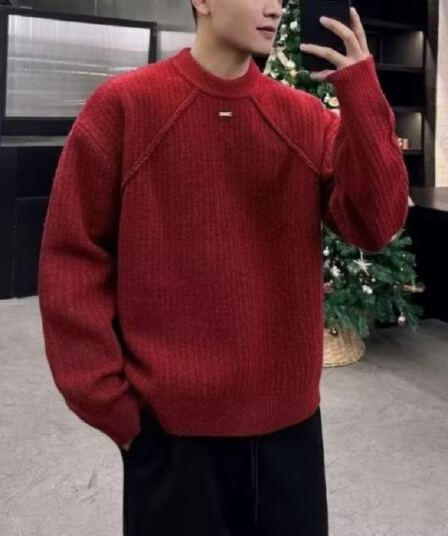 빨간색 라운드 넥 스웨터 니트 스웨터 남성과 여성 조수 브랜드 잘 생긴 봄 가을 겨울 기본 셔츠 커플 품격 몸매 가꾸기 맨위