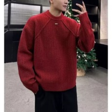 批发红色圆领毛衣针织衫男女生潮牌帅气春秋冬打底衫情侣气质修身上衣