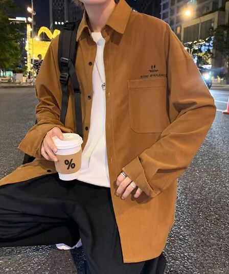 긴팔 셔츠 사계절 일반 일본식 트렌드 표준 패션 단색 광장 칼라 느긋한 남자 트렌디 청춘 인기 미니멀리즘