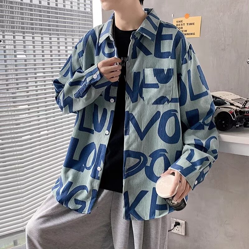일본식 코듀로이 긴팔 셔츠 남성과 여성 봄 가을 조수 브랜드 루즈핏 아메리칸 레트로 높음 거리 전체 인쇄 셔츠 재킷