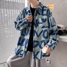 批发日系灯芯绒长袖衬衫男女生春秋<b class='q'>潮</b>牌宽松美式复古高街满印衬衣外套