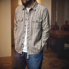 美式春秋日系外套复古竖条纹长袖衬衫男女学院风宽松休闲情侣衬衣