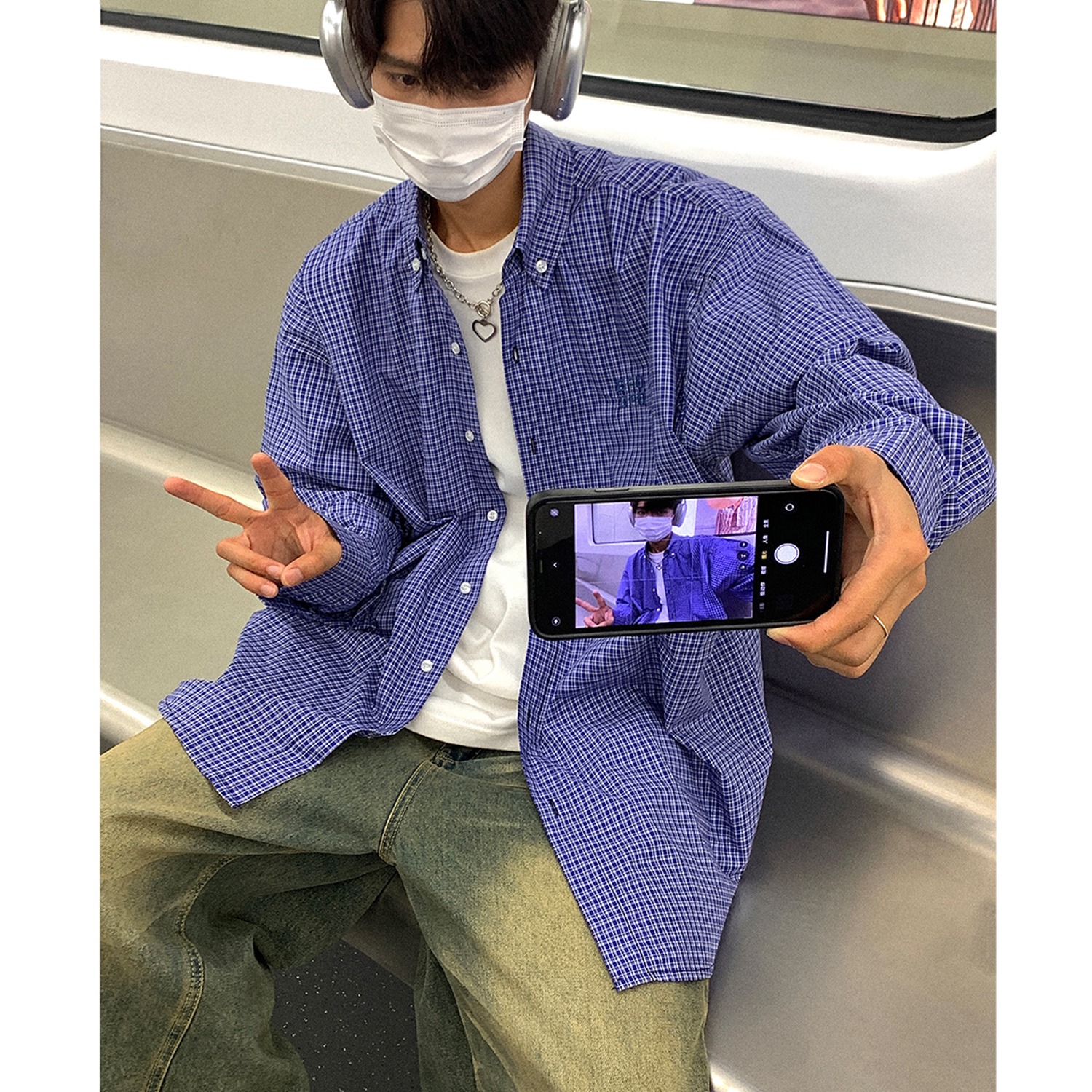 클래식 파란색 체크무늬 긴팔 셔츠 남녀 아메리칸 레트로 느긋한 스택 착용 조수 브랜드 루즈핏 캐주얼 셔츠 재킷