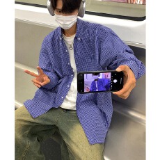 批发经典蓝色格子长袖衬衫男女美式复古慵懒叠穿潮牌宽松休闲衬衣外套