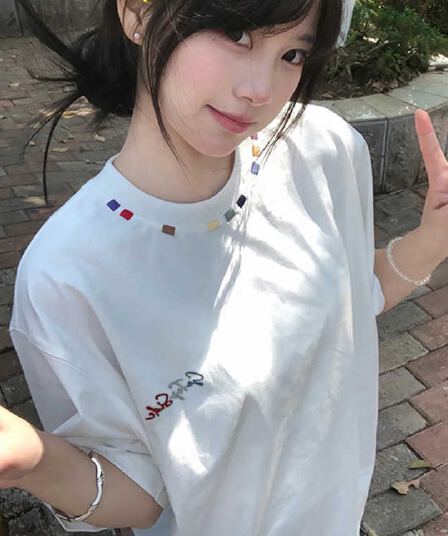 반팔 티셔츠 남자 여자 여름 조수 브랜드 ins 항구 바람 순면 무거운 자수 라운드 넥 반소매 루즈핏 커플 티셔츠