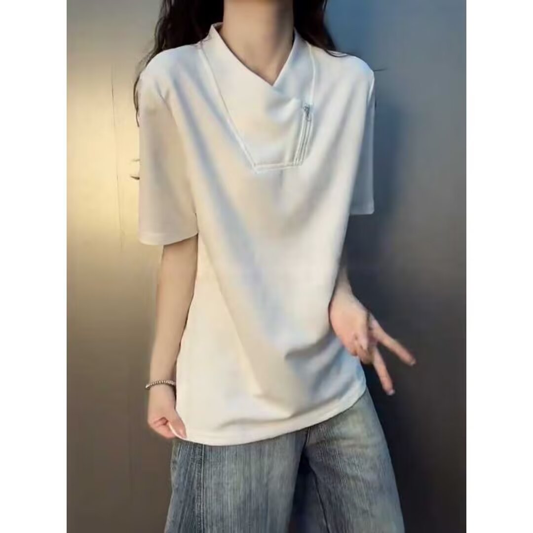 여름 일본식 다크 중성 잘 생긴 말뚝 더미 칼라 풀오버 티셔츠 남녀 얇은 스타일 트렌드 ins 동정 커플 맨위
