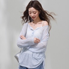 批发韩系长袖防晒罩衫女春夏T恤慵懒设计感宽松休闲微透针织体恤上衣