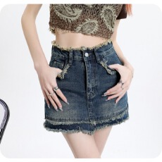 批发高腰牛仔裤裙女美式辣妹<b class='q'>短裙</b>春夏A裙修身显瘦小个子毛边喇叭半裙