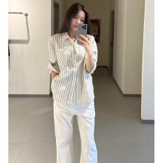 批发春夏泡泡纱条纹<b class='q'>衬衫</b>情侣设计感正肩<b class='q'>长袖</b><b class='q'>衬衣</b>男女美式cleanfit薄款