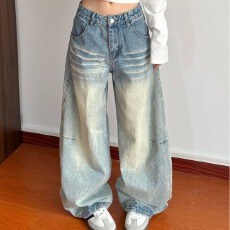 批发美式设计感阔腿<b class='q'>牛仔裤</b>男<b class='q'>女生</b>潮牌高腰宽松显瘦直筒情侣弯刀拖地裤