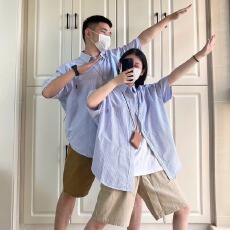 批发日系条纹短袖衬衫男女款情侣装夏季宽松慵懒风衬衣外穿搭薄款外套