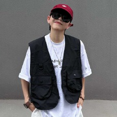 批发日系复古多口袋机能风设计感短款百搭四季马甲男女bf叠穿马夹外套