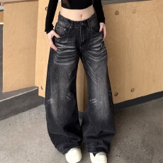 批发美式复古水洗猫须cleanfit牛仔裤男女高个子痞帅宽松情侣弯刀长裤